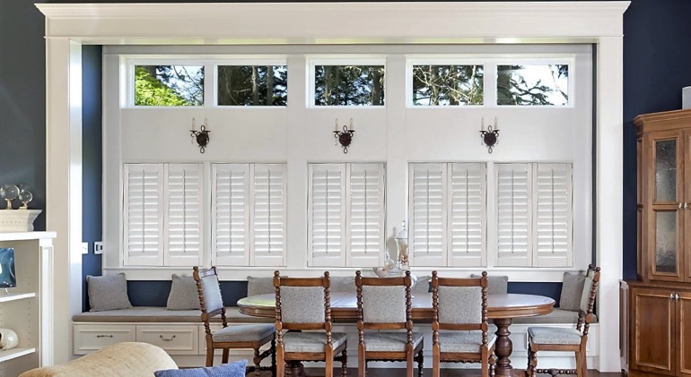 Denver dining room with shut plantation shutters.